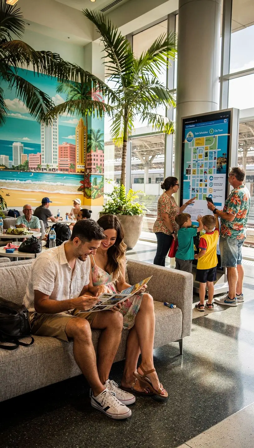 Группа путешественников наслаждается релаксацией в лаунже перед отправлением на следующий поезд.