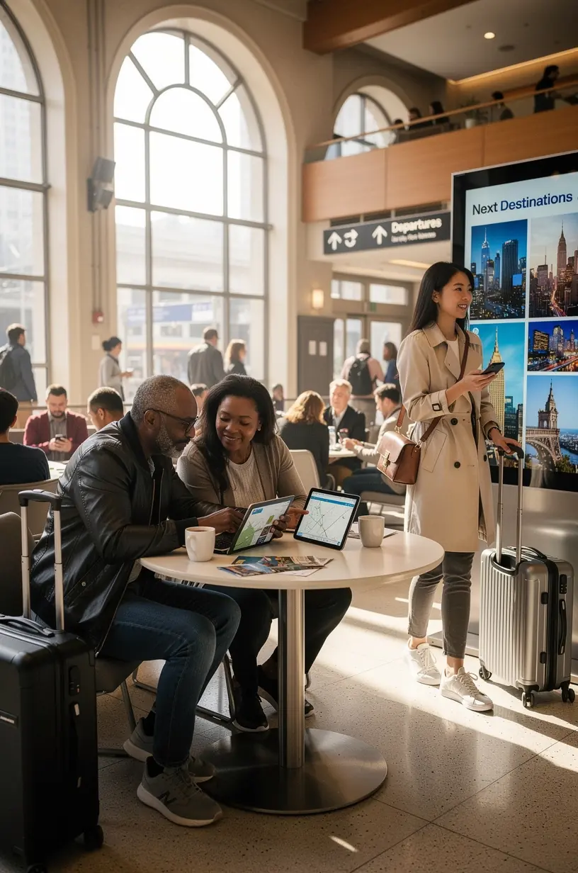 Современный зал ожидания на железнодорожной станции с интерактивными экранами для предварительного просмотра городов.