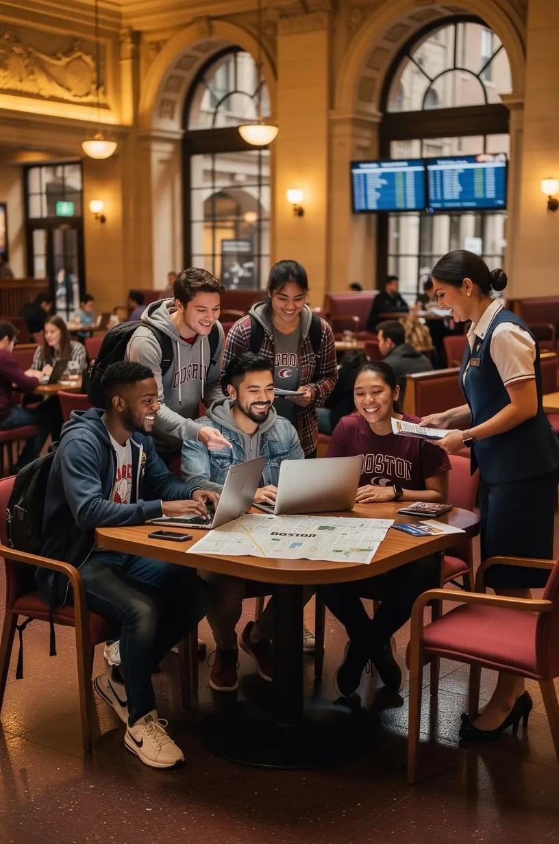 Панорамный вид на интерьер зала с удобными креслами и информационными дисплеями о маршрутах поездов.